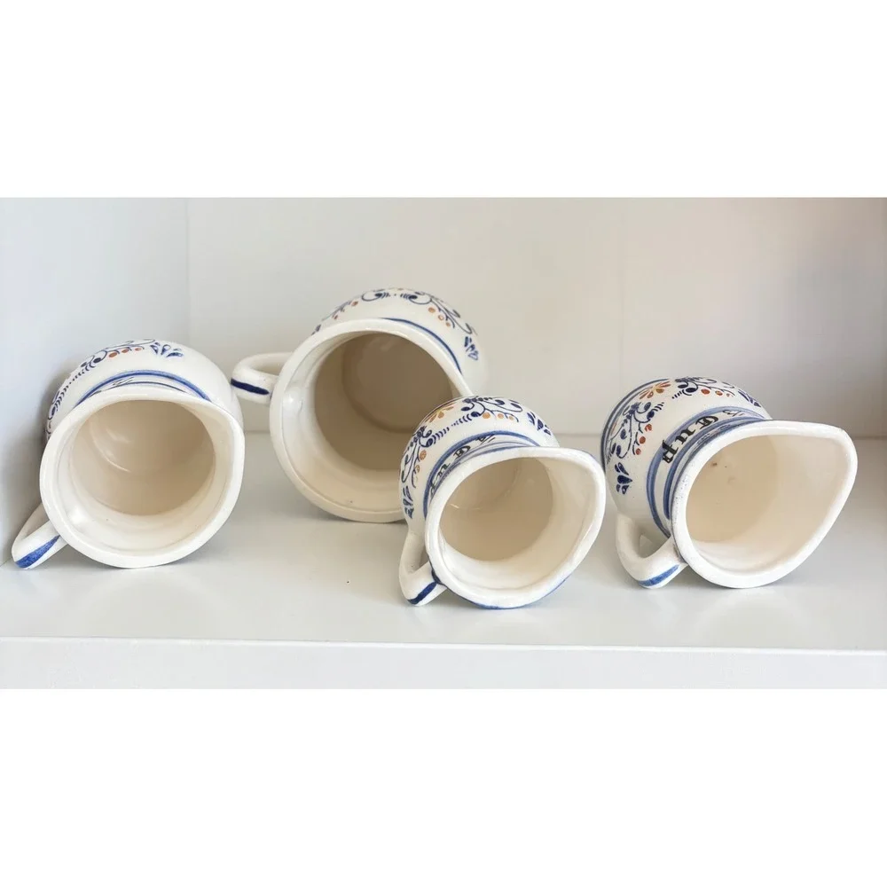 Vintage Ceramic Measuring Cup Pitcher Set 4 Blue White Farmhouse Kitchen Decor
